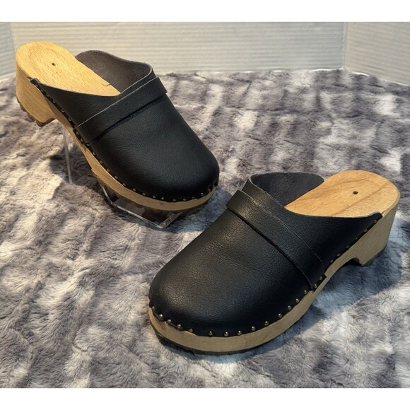 Black  Swedish Design Clogs Vollsjo Suede Leather Wooden Size EU 39/US 8 - Picture 2 of 8